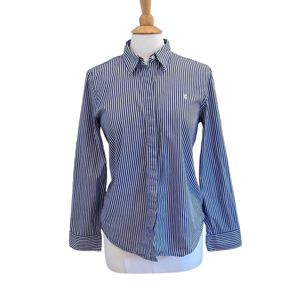 Chaps Blue and White Stripe 100% Cotton Button Up Long Sleeve Shirt, Size L